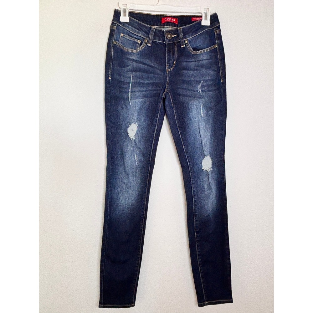 Guess Sienna Curvy Fit Mid Rise Skinny Jeans Dark Wash Distressed 27 QB0123D17Y5